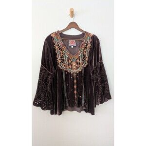 Johnny Was Velvet Top L Bell Sleeve Embroidered Boho Chocolate Brown Silk Blend